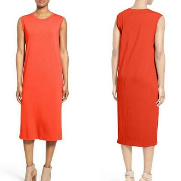 Eileen Fisher Orange Sleeveless Midi Dress Crewneck Shift Size Medium - Picture 2 of 9